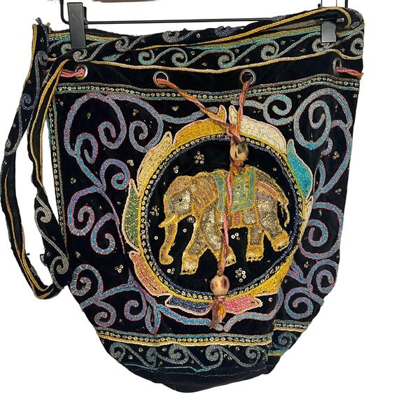 Vintage Handbags - Vintage Beaded Elephant Purse Boho Hippy 70s Handbag Velvet Multicolor Artsy 80s